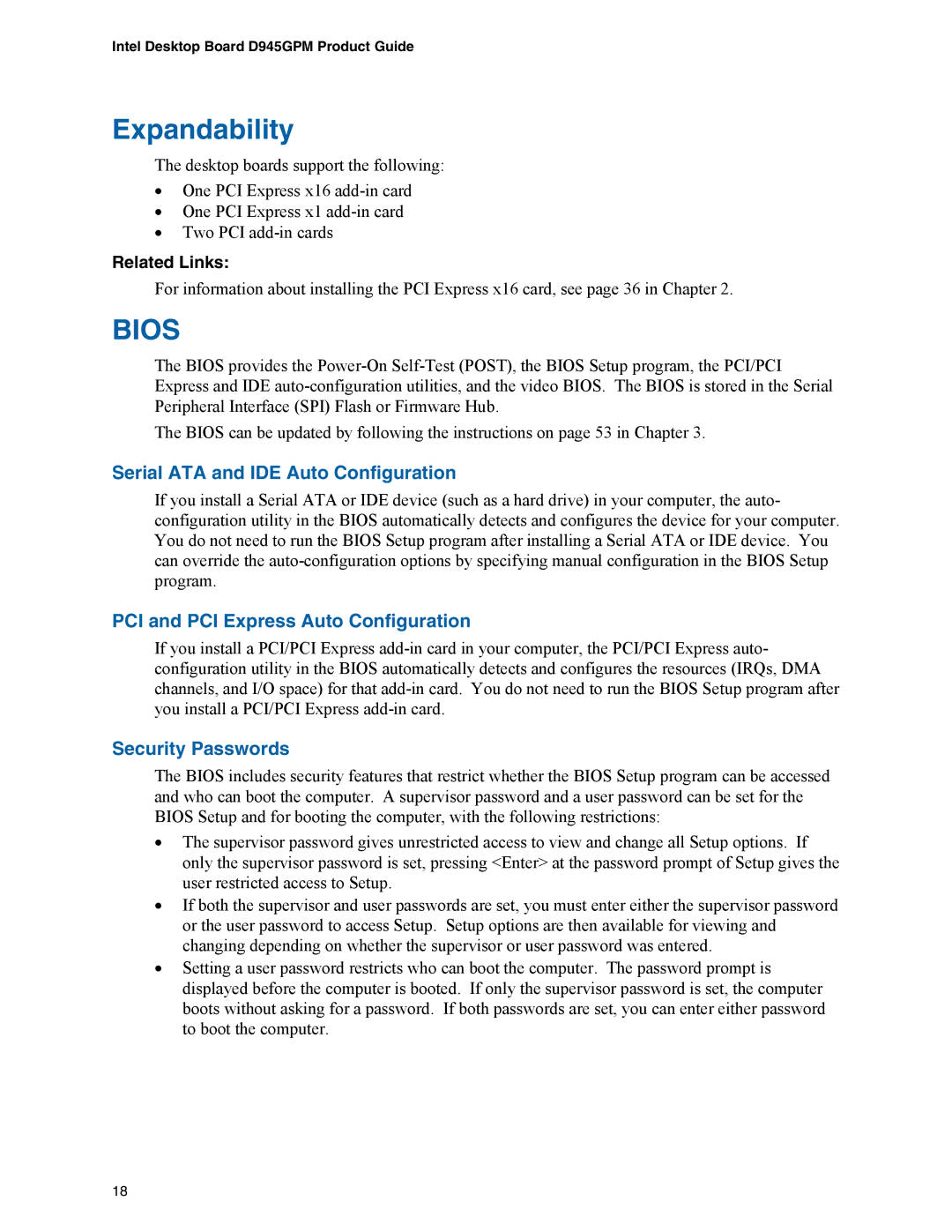 Intel D945GPM manual Expandability, Serial ATA and IDE Auto Configuration, PCI and PCI Express Auto Configuration 