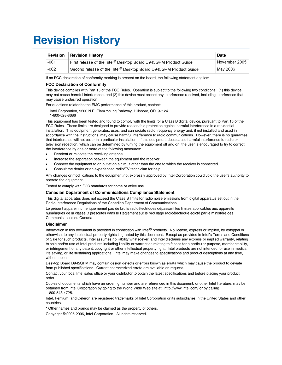 Intel D945GPM manual Revision Revision History Date 