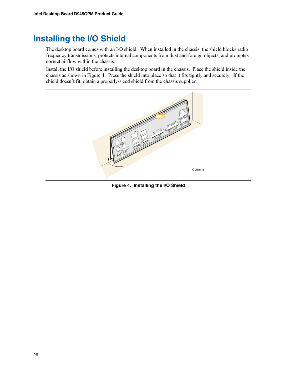 Intel D945GPM manual Installing the I/O Shield 