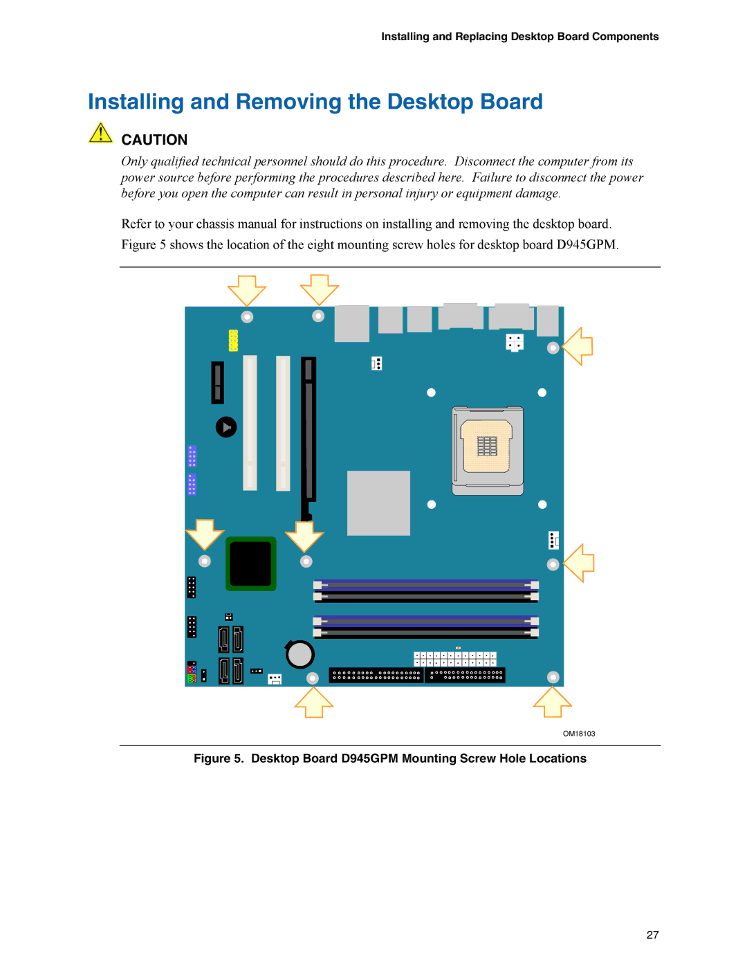 Intel manual Installing and Removing the Desktop Board, Desktop Board D945GPM Mounting Screw Hole Locations 