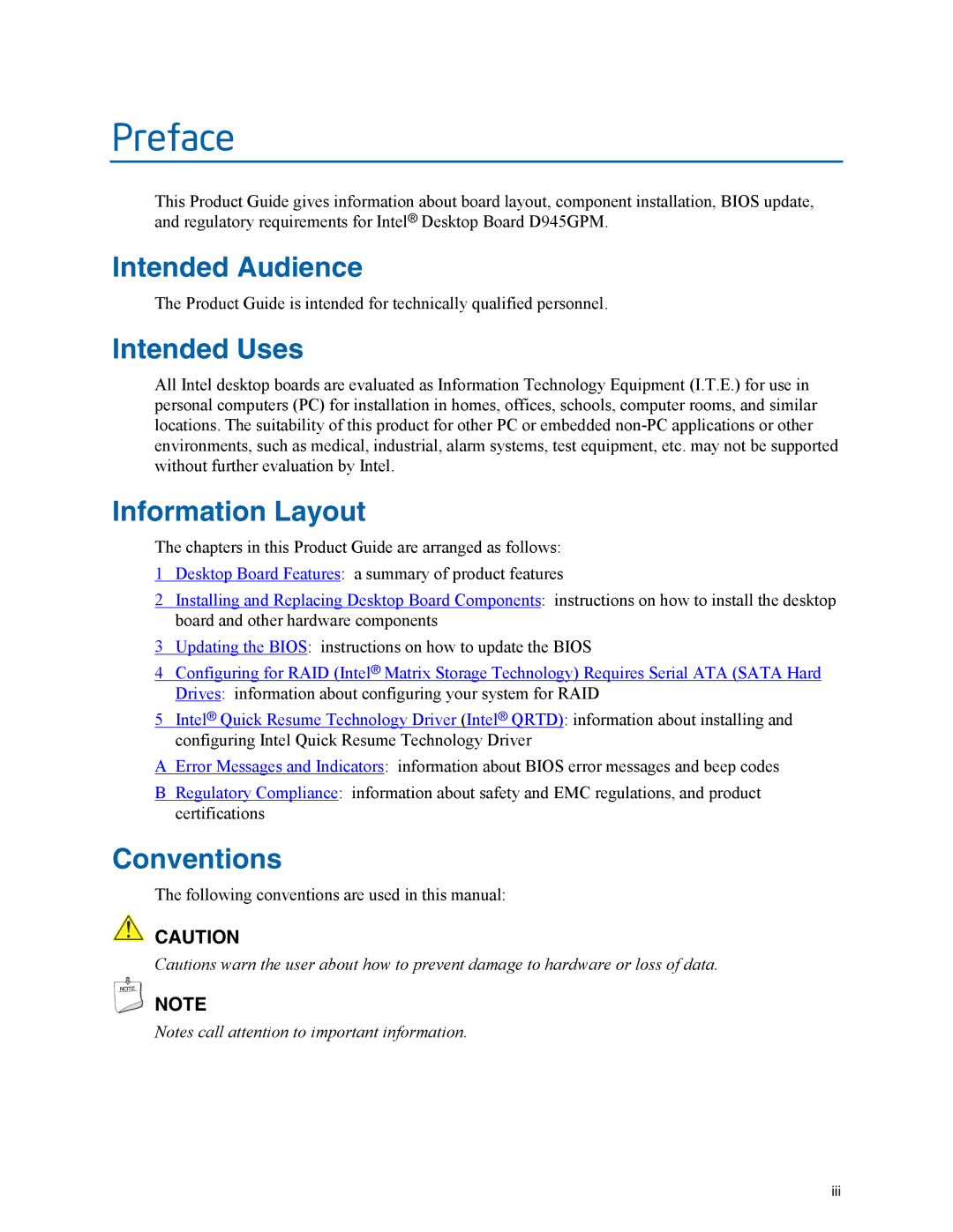 Intel D945GPM manual Intended Audience, Intended Uses, Information Layout, Conventions 