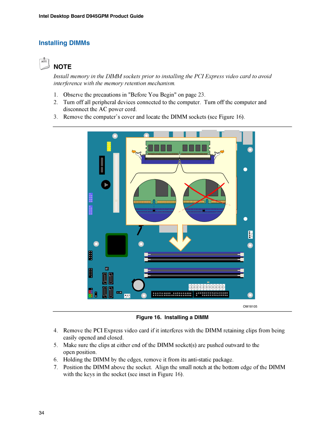 Intel D945GPM manual Installing DIMMs, Installing a Dimm 