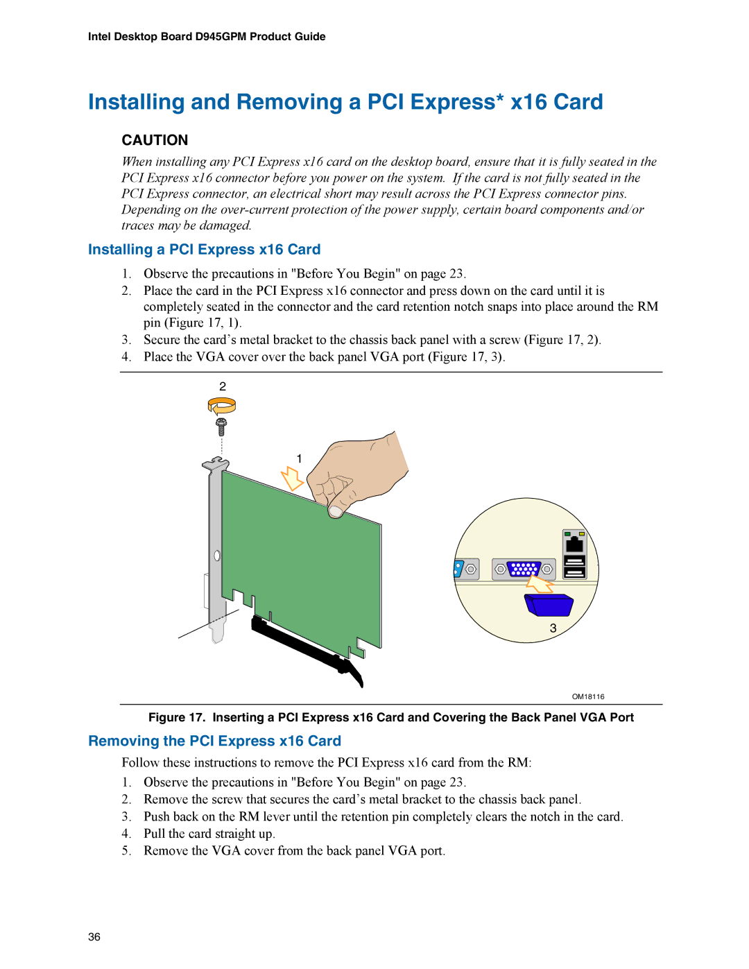 Intel D945GPM manual Installing and Removing a PCI Express* x16 Card, Installing a PCI Express x16 Card 