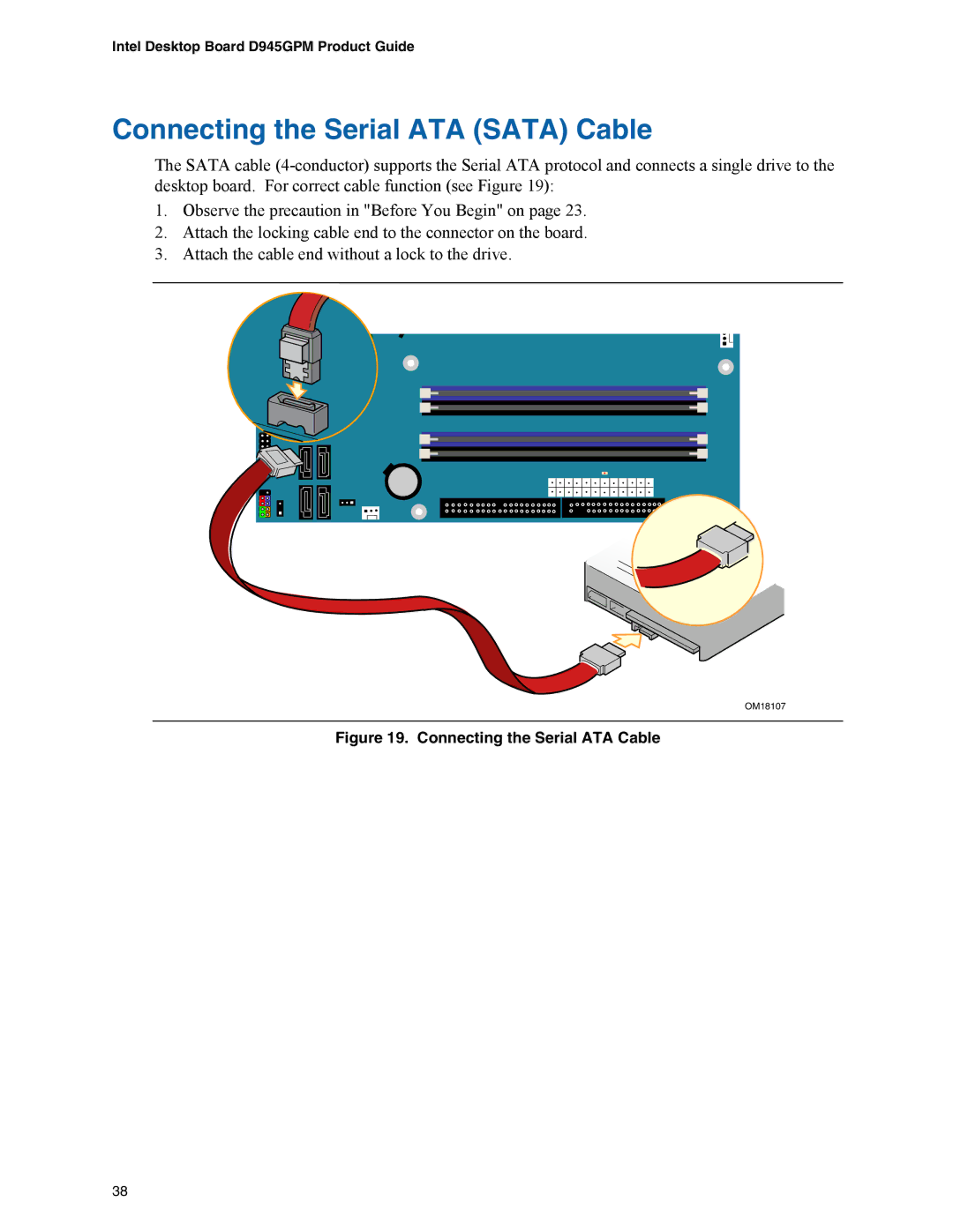 Intel D945GPM manual Connecting the Serial ATA Sata Cable, Connecting the Serial ATA Cable 