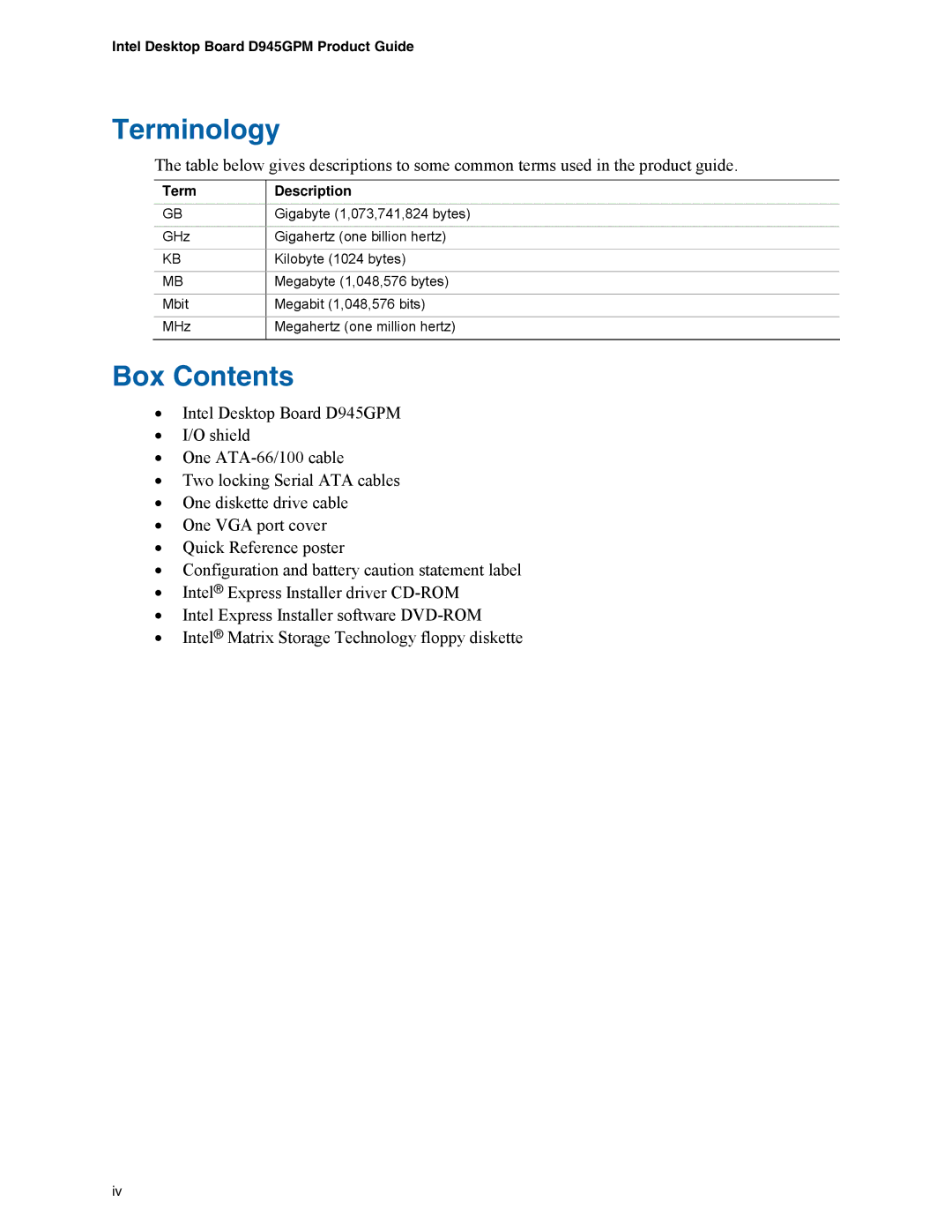 Intel D945GPM manual Terminology, Box Contents 