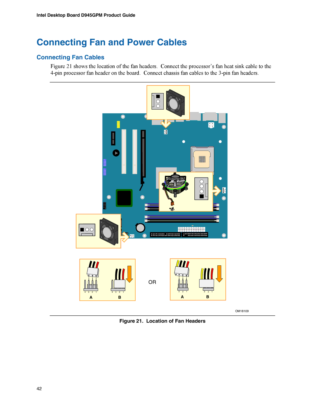 Intel D945GPM manual Connecting Fan and Power Cables, Connecting Fan Cables 