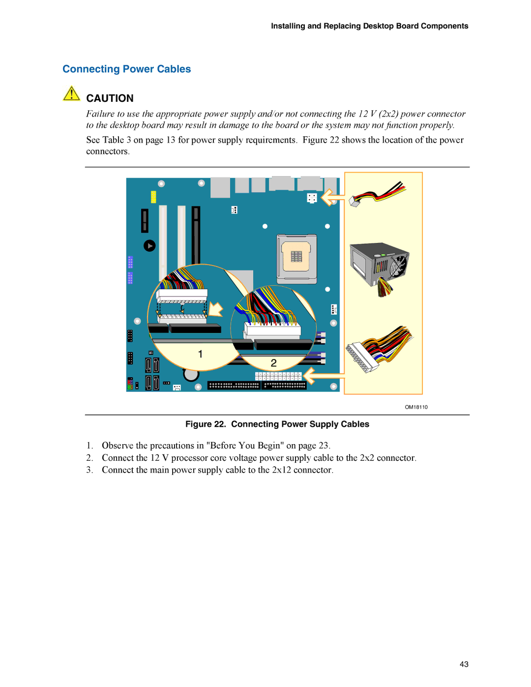 Intel D945GPM manual Connecting Power Cables, Connecting Power Supply Cables 