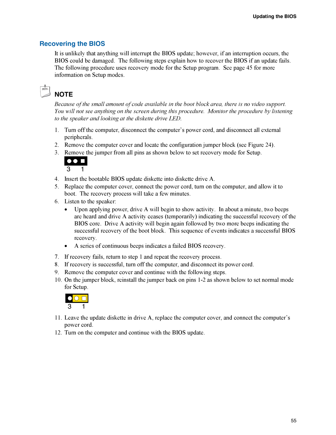 Intel D945GPM manual Recovering the Bios 