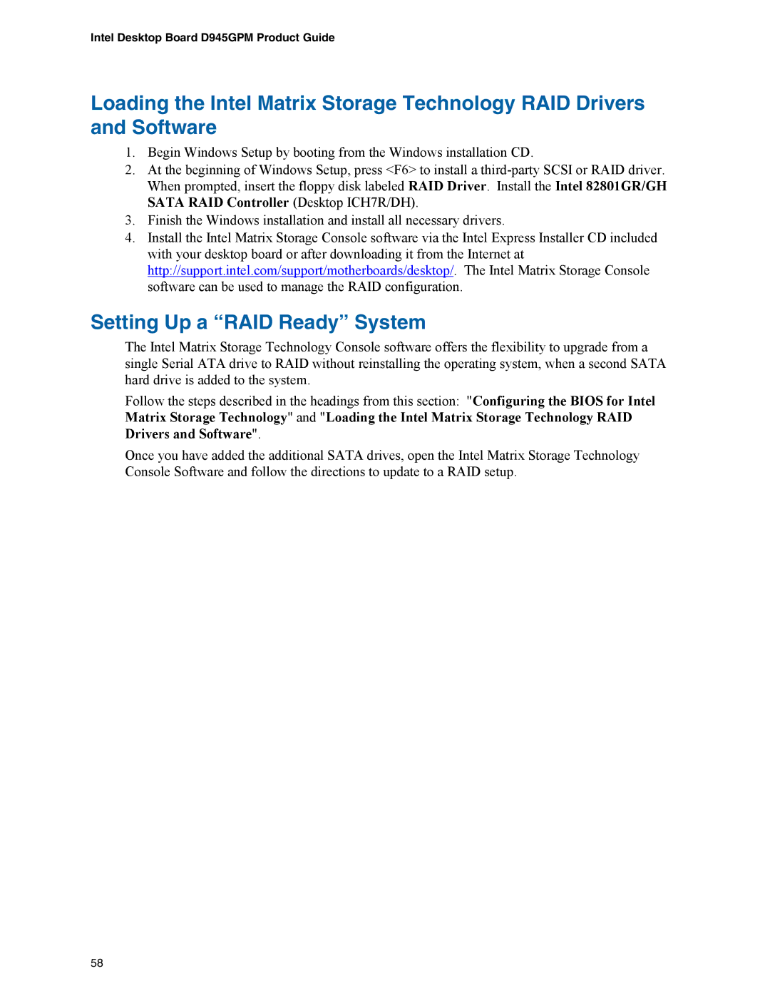 Intel D945GPM manual Setting Up a RAID Ready System 