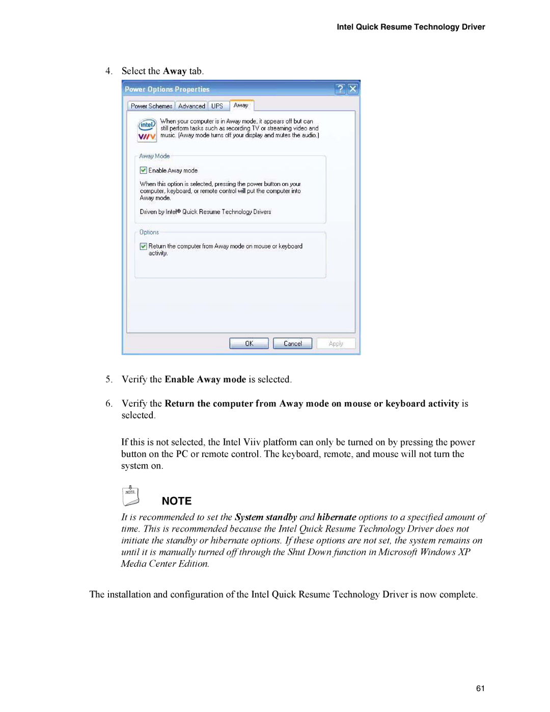 Intel D945GPM manual Select the Away tab Verify the Enable Away mode is selected 