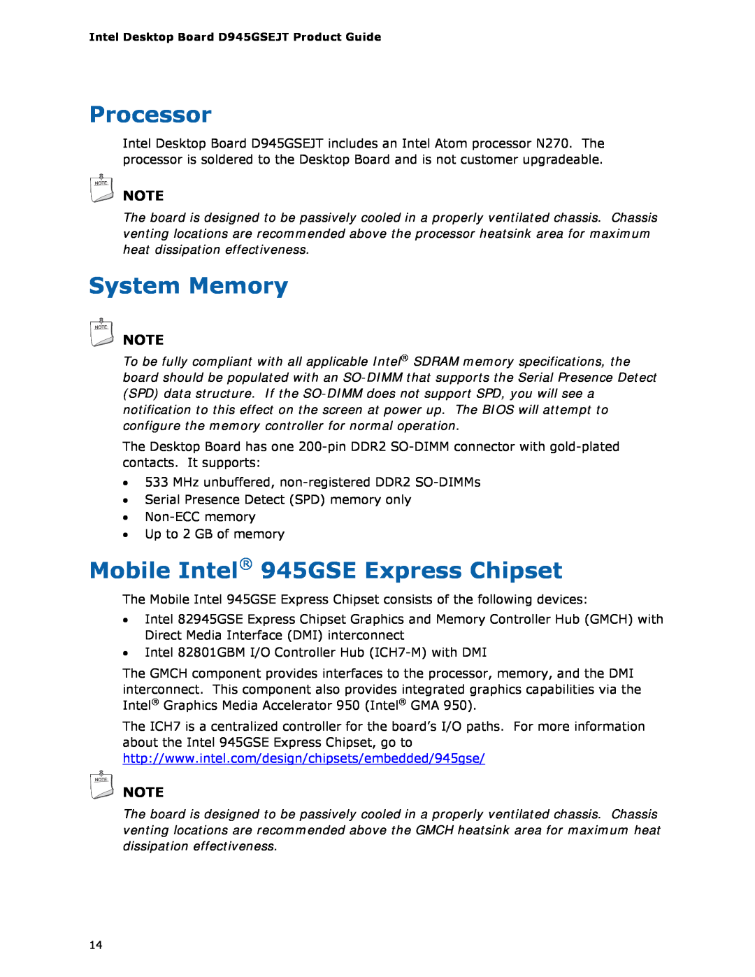 Intel D945GSEJT manual Processor, System Memory, Mobile Intel 945GSE Express Chipset 