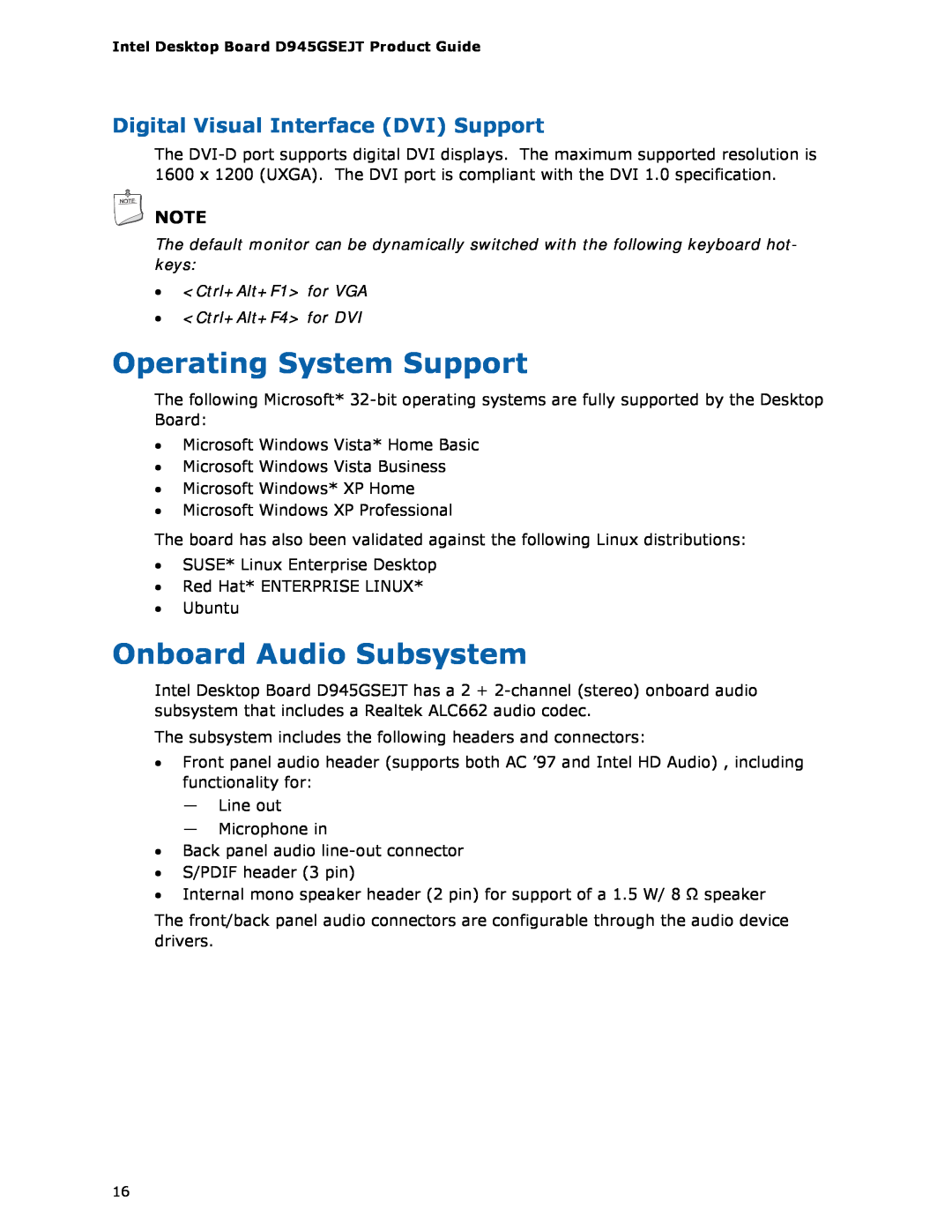 Intel D945GSEJT manual Operating System Support, Onboard Audio Subsystem, Digital Visual Interface DVI Support 