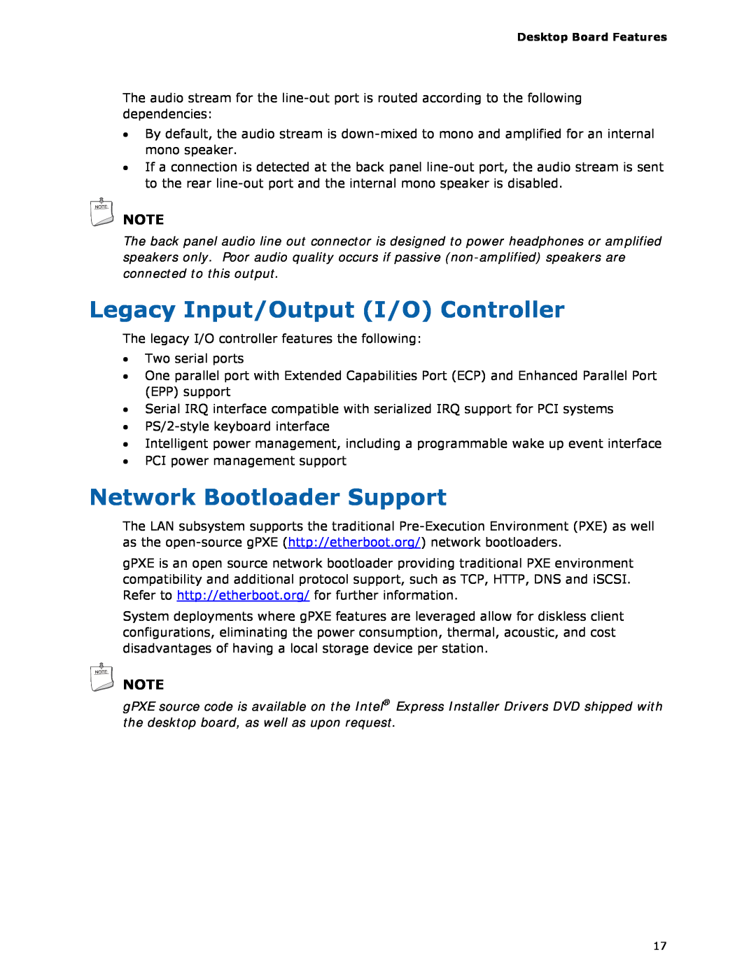 Intel D945GSEJT manual Legacy Input/Output I/O Controller, Network Bootloader Support 