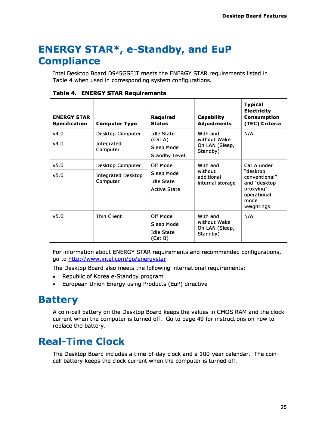 Intel D945GSEJT manual ENERGY STAR*, e-Standby,and EuP Compliance, Battery, Real-TimeClock, ENERGY STAR Requirements 