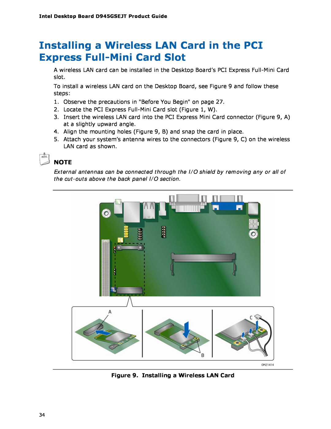 Intel D945GSEJT manual Installing a Wireless LAN Card 