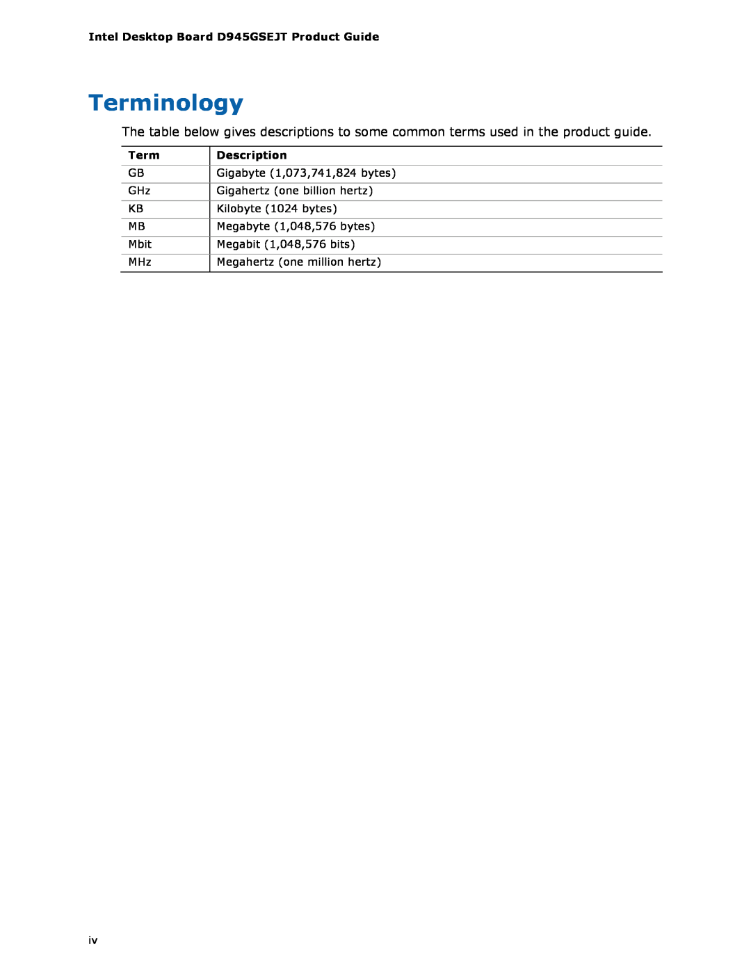 Intel manual Terminology, Intel Desktop Board D945GSEJT Product Guide, Description 