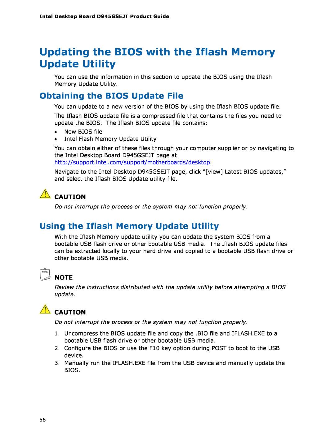 Intel D945GSEJT manual Obtaining the BIOS Update File, Using the Iflash Memory Update Utility 