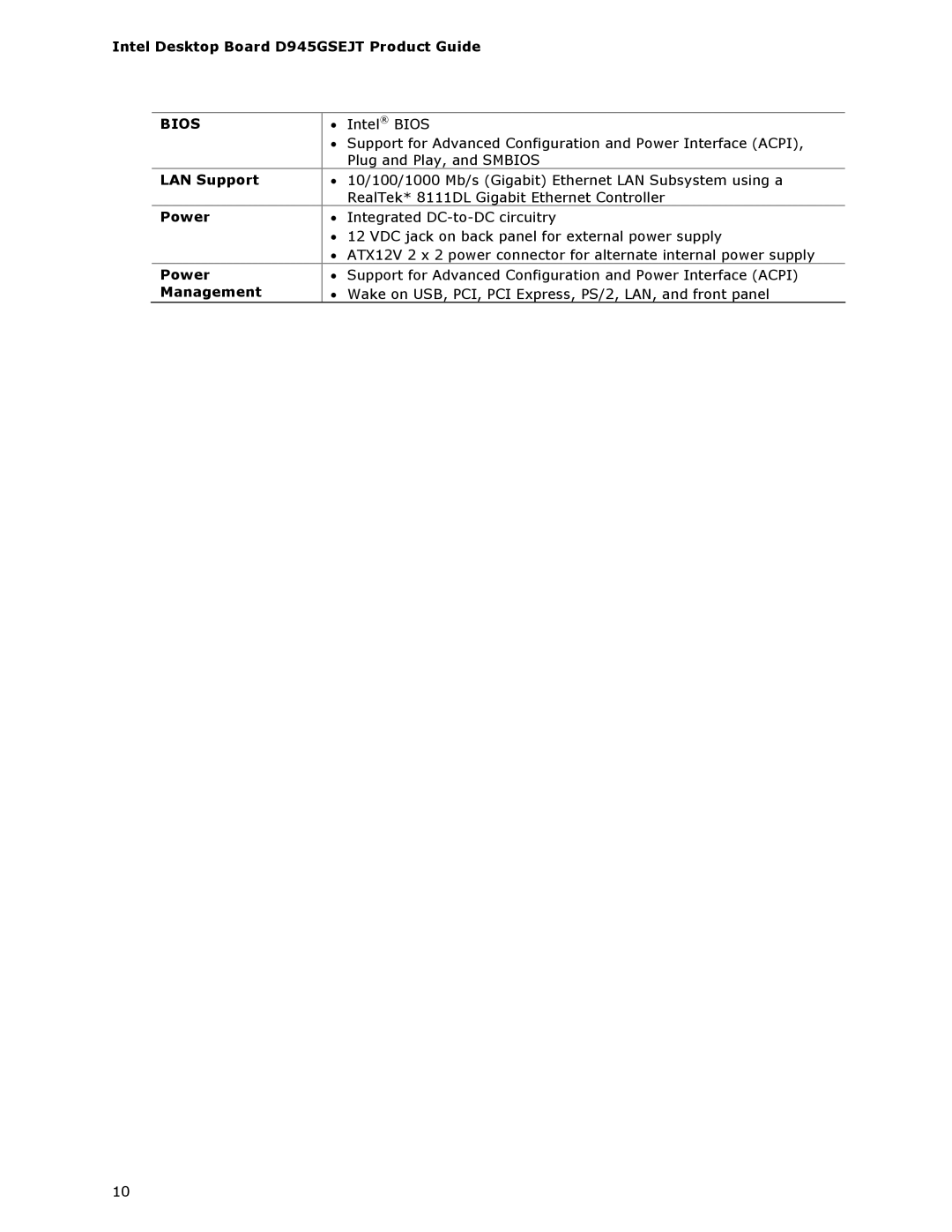 Intel D945GSEJT manual LAN Support, Power, Management 