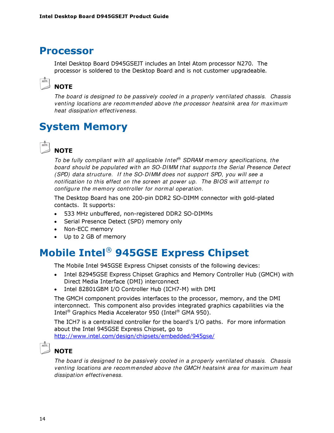 Intel D945GSEJT manual Processor, System Memory, Mobile Intel 945GSE Express Chipset 