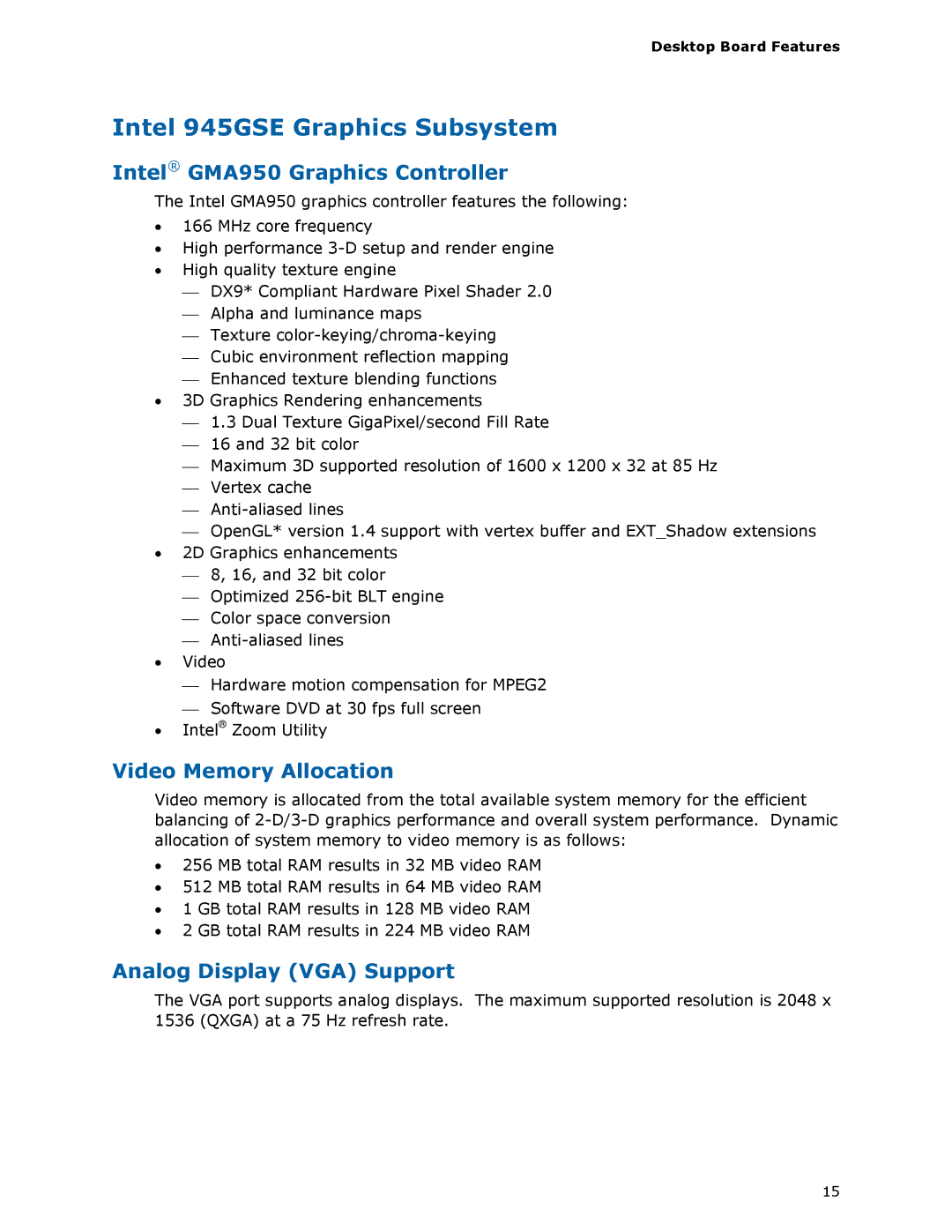 Intel D945GSEJT manual Intel 945GSE Graphics Subsystem, Intel GMA950 Graphics Controller, Video Memory Allocation 