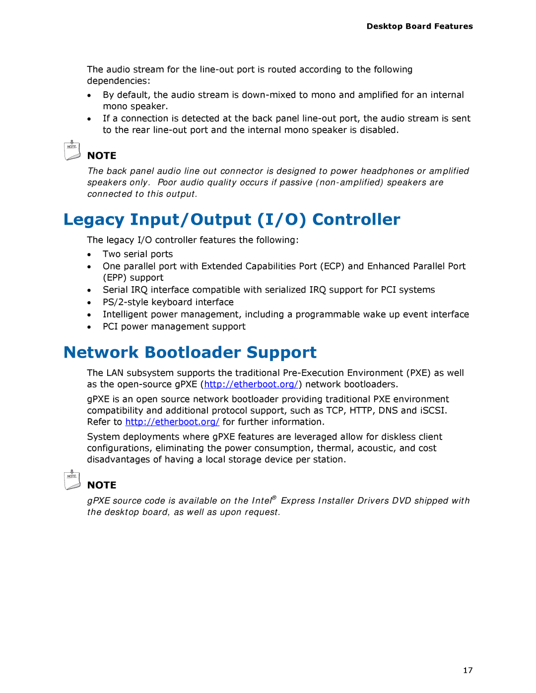 Intel D945GSEJT manual Legacy Input/Output I/O Controller, Network Bootloader Support 