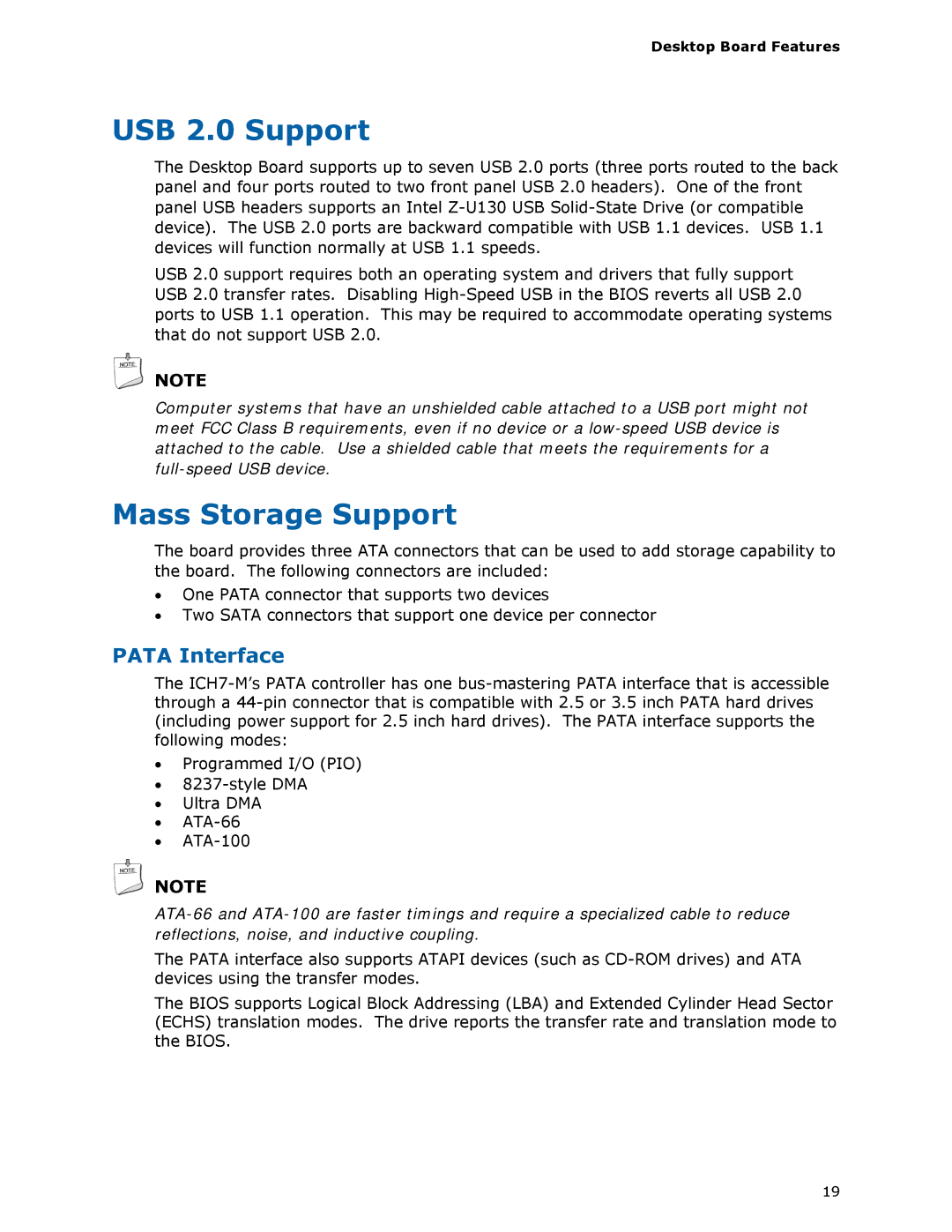 Intel D945GSEJT manual USB 2.0 Support, Mass Storage Support, Pata Interface 