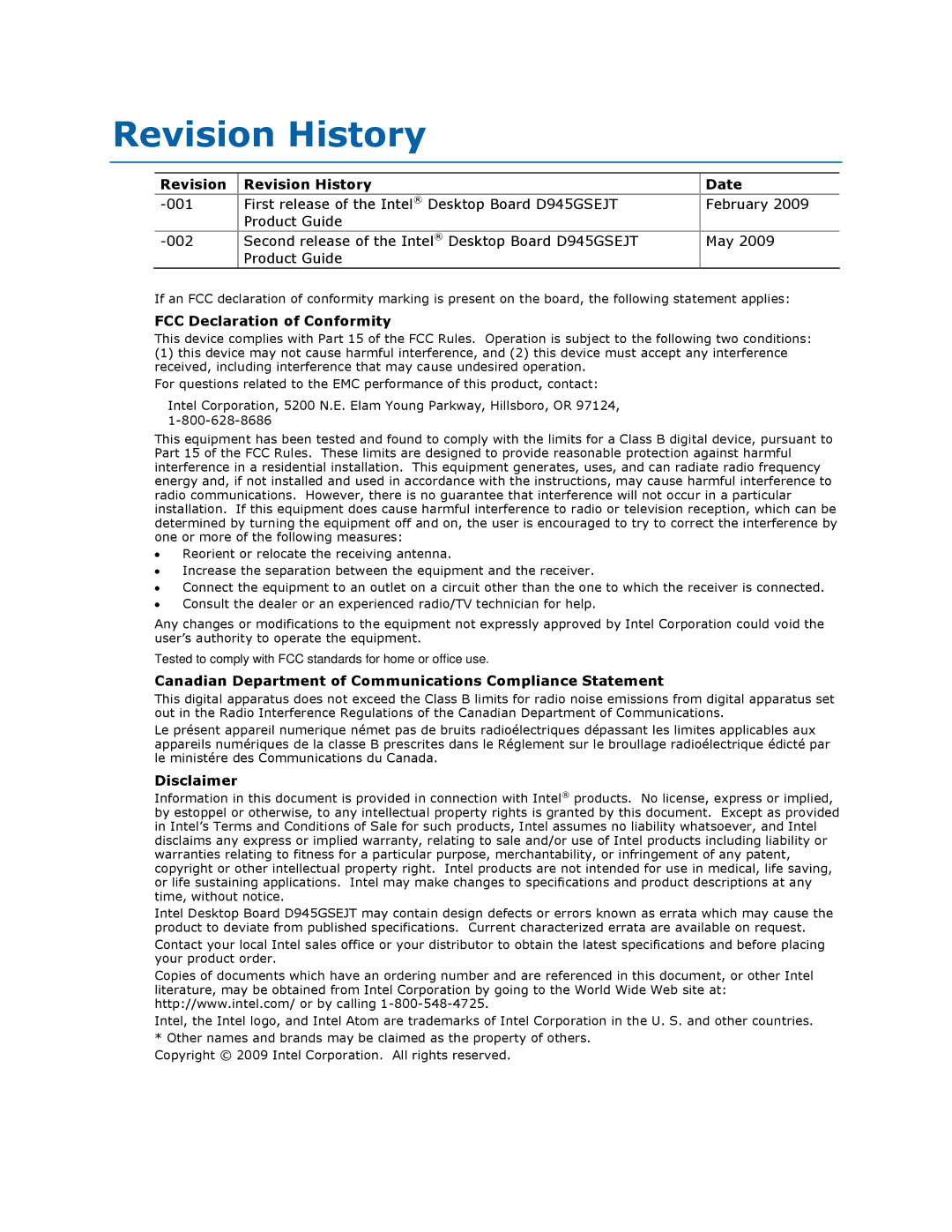 Intel D945GSEJT manual Revision Revision History Date, FCC Declaration of Conformity, Disclaimer 