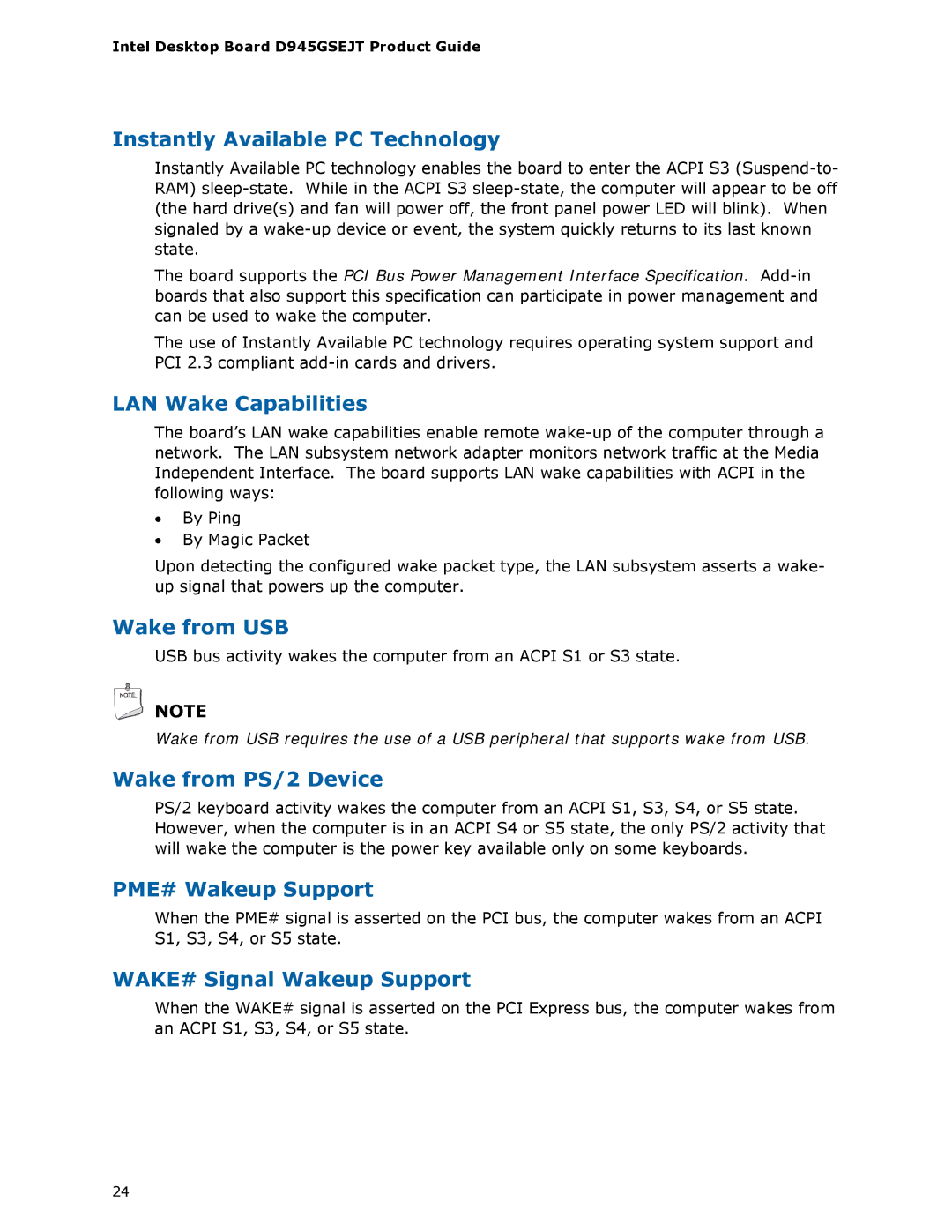 Intel D945GSEJT manual Instantly Available PC Technology, LAN Wake Capabilities, Wake from USB, Wake from PS/2 Device 