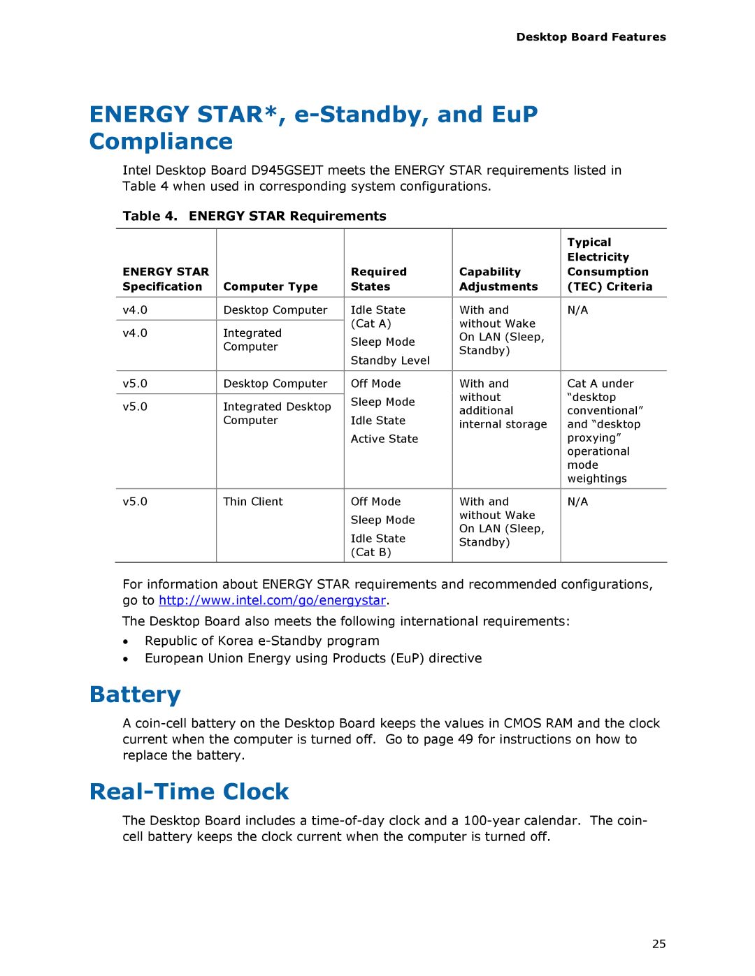 Intel D945GSEJT manual Energy STAR*, e-Standby, and EuP Compliance, Battery, Real-Time Clock, Energy Star Requirements 