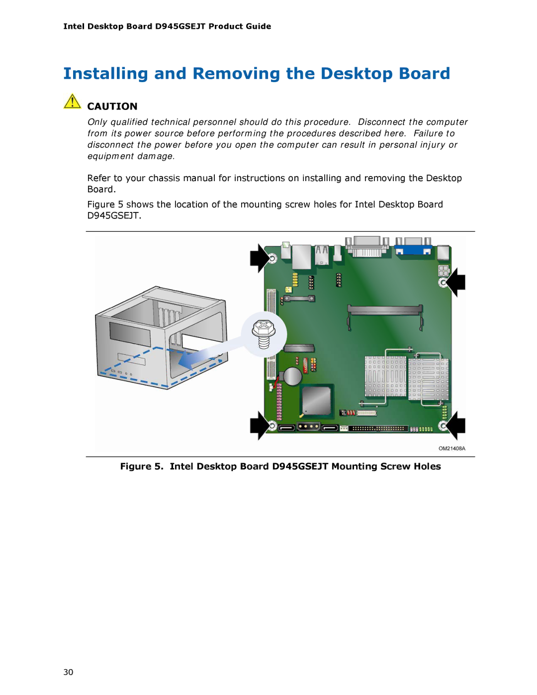 Intel manual Installing and Removing the Desktop Board, Intel Desktop Board D945GSEJT Mounting Screw Holes 