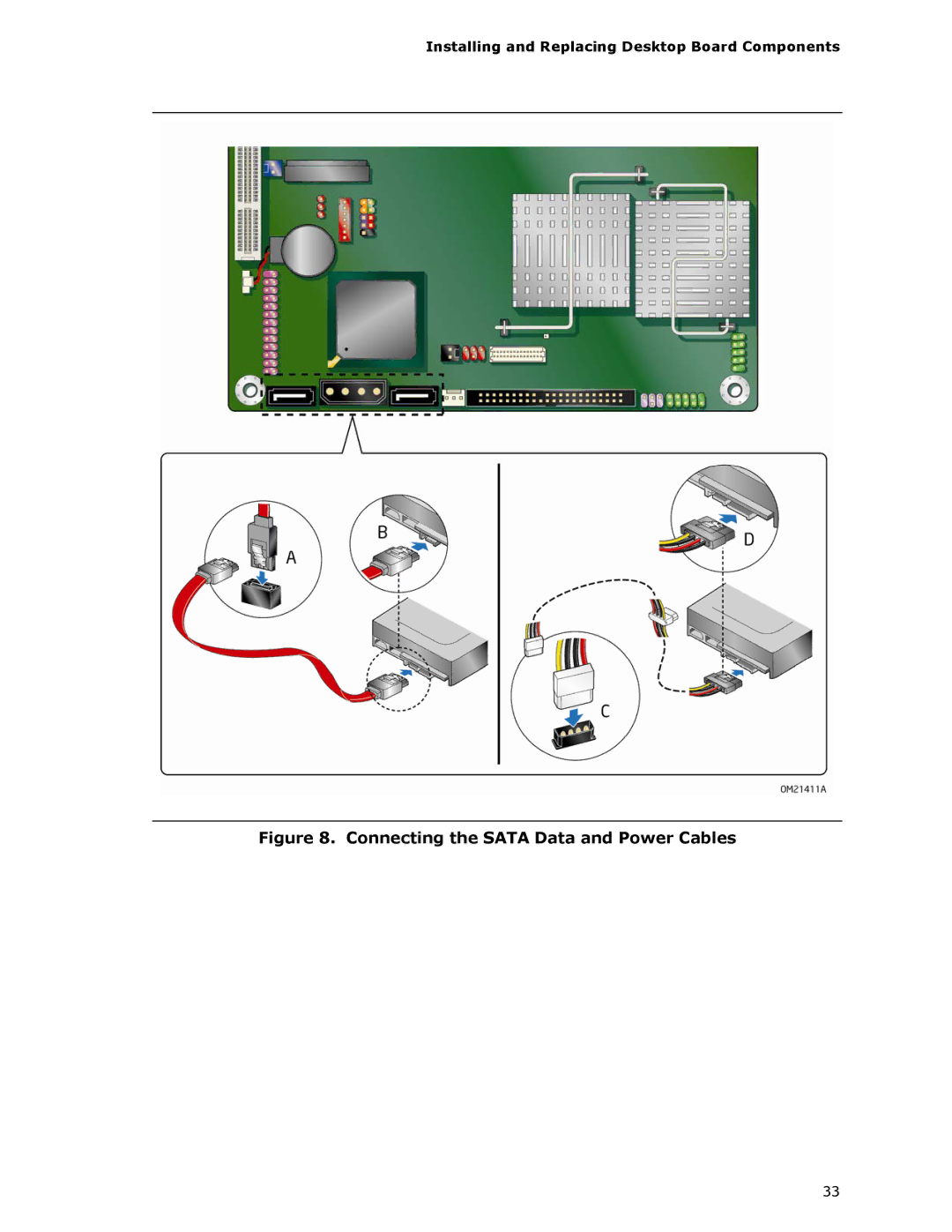 Intel D945GSEJT manual Connecting the Sata Data and Power Cables 