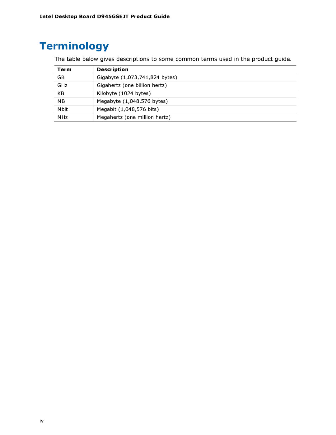 Intel manual Terminology, Intel Desktop Board D945GSEJT Product Guide, Term Description 