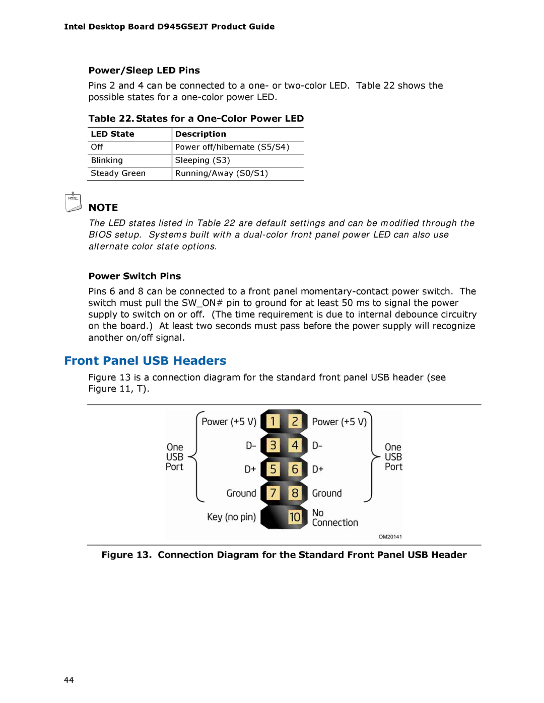 Intel D945GSEJT manual Front Panel USB Headers, Power/Sleep LED Pins, States for a One-Color Power LED, Power Switch Pins 