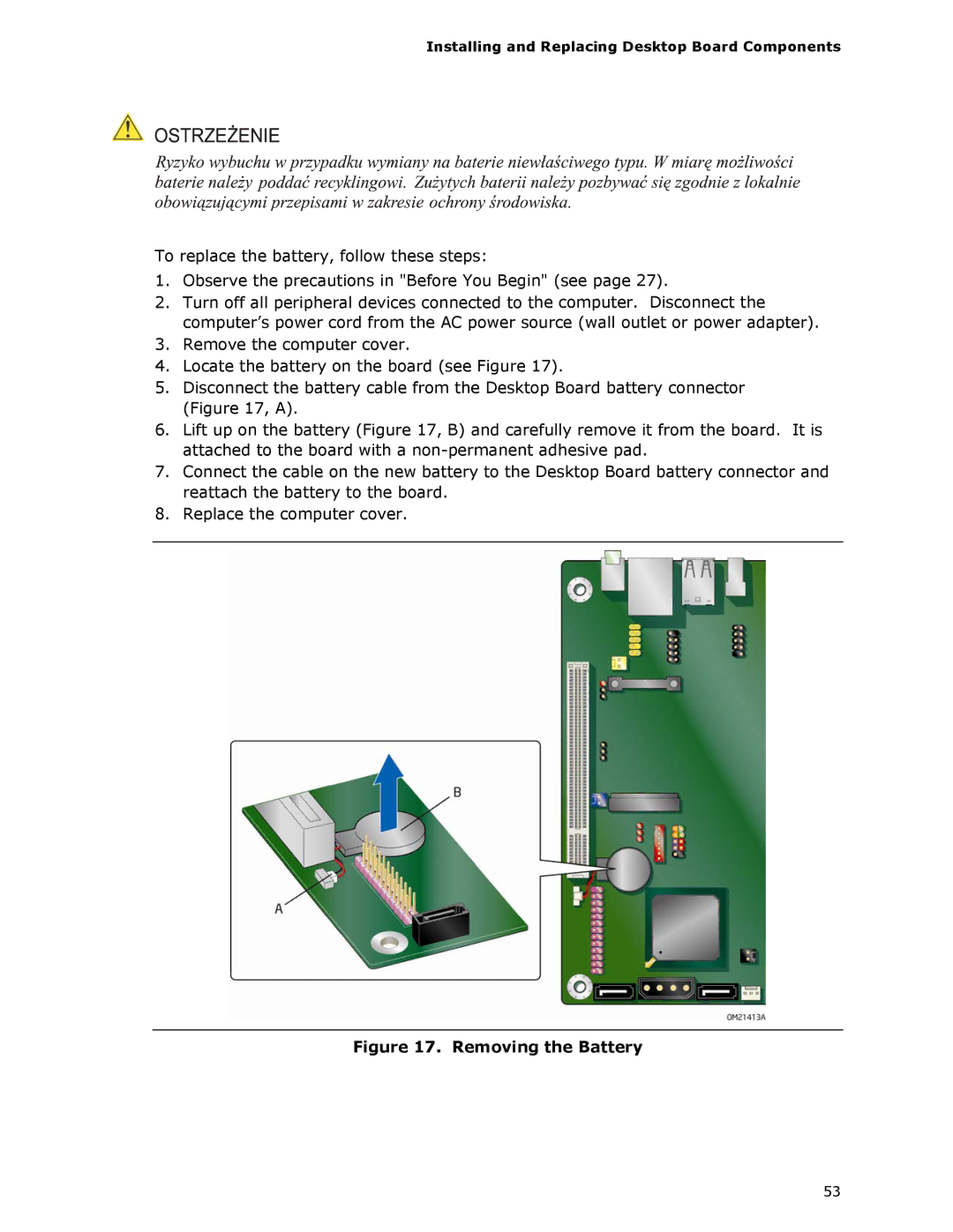 Intel D945GSEJT manual Removing the Battery 