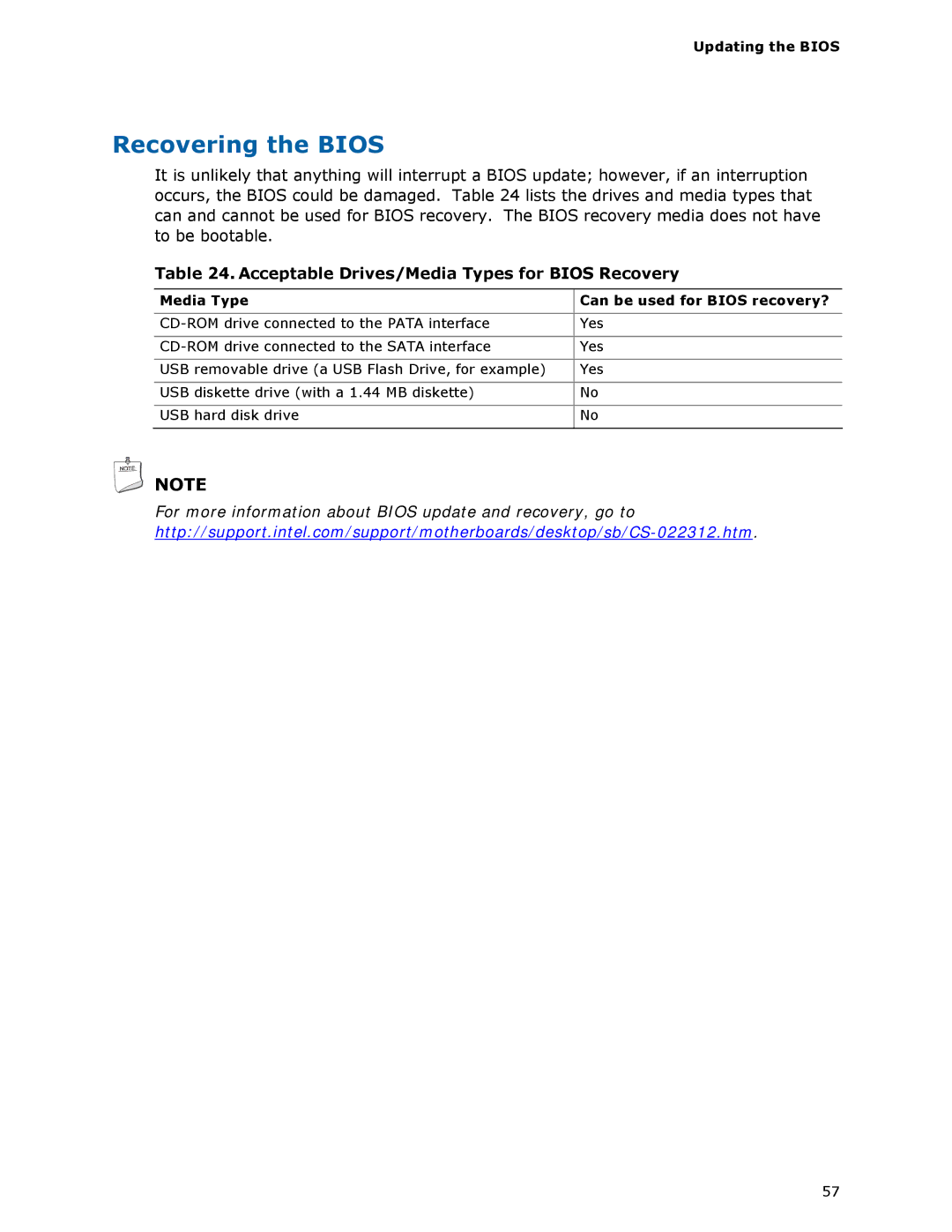 Intel D945GSEJT manual Recovering the Bios, Acceptable Drives/Media Types for Bios Recovery, Updating the Bios 