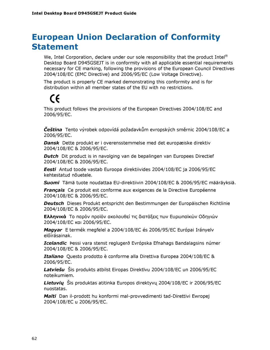 Intel D945GSEJT manual European Union Declaration of Conformity Statement 