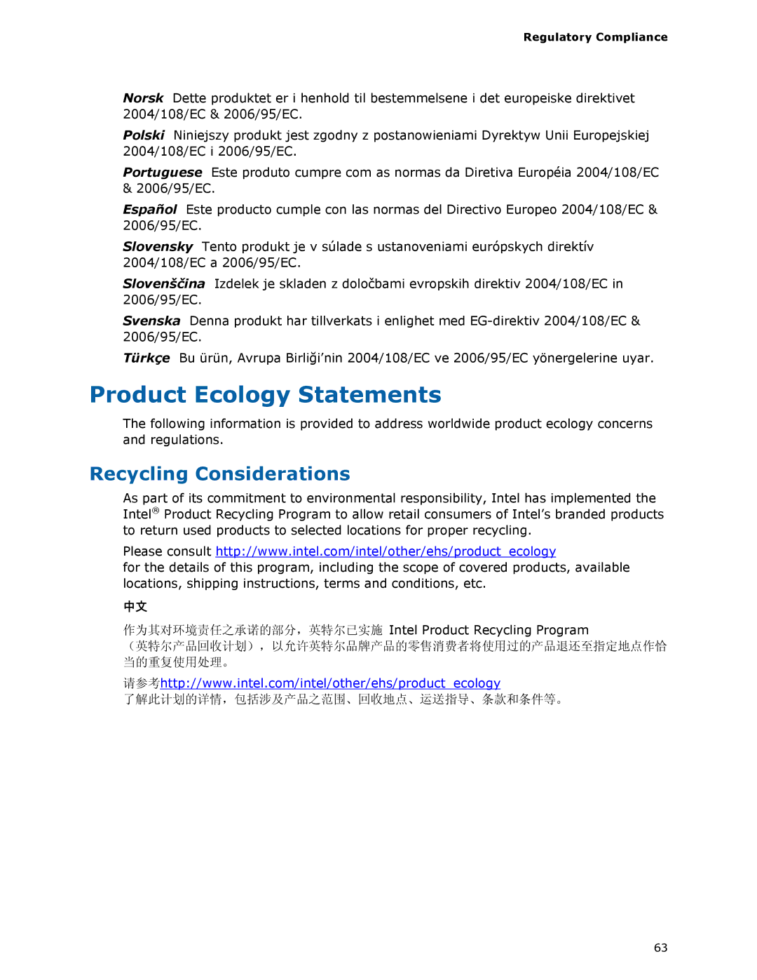 Intel D945GSEJT manual Product Ecology Statements, Recycling Considerations, Regulatory Compliance 