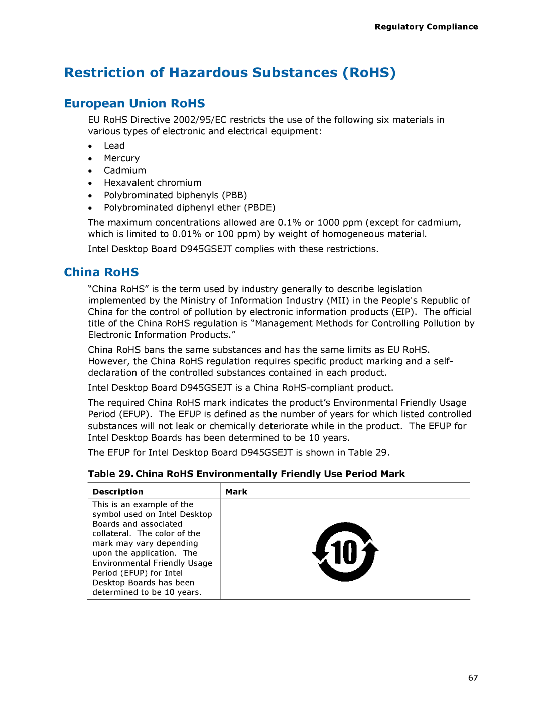 Intel D945GSEJT manual Restriction of Hazardous Substances RoHS, European Union RoHS, China RoHS 