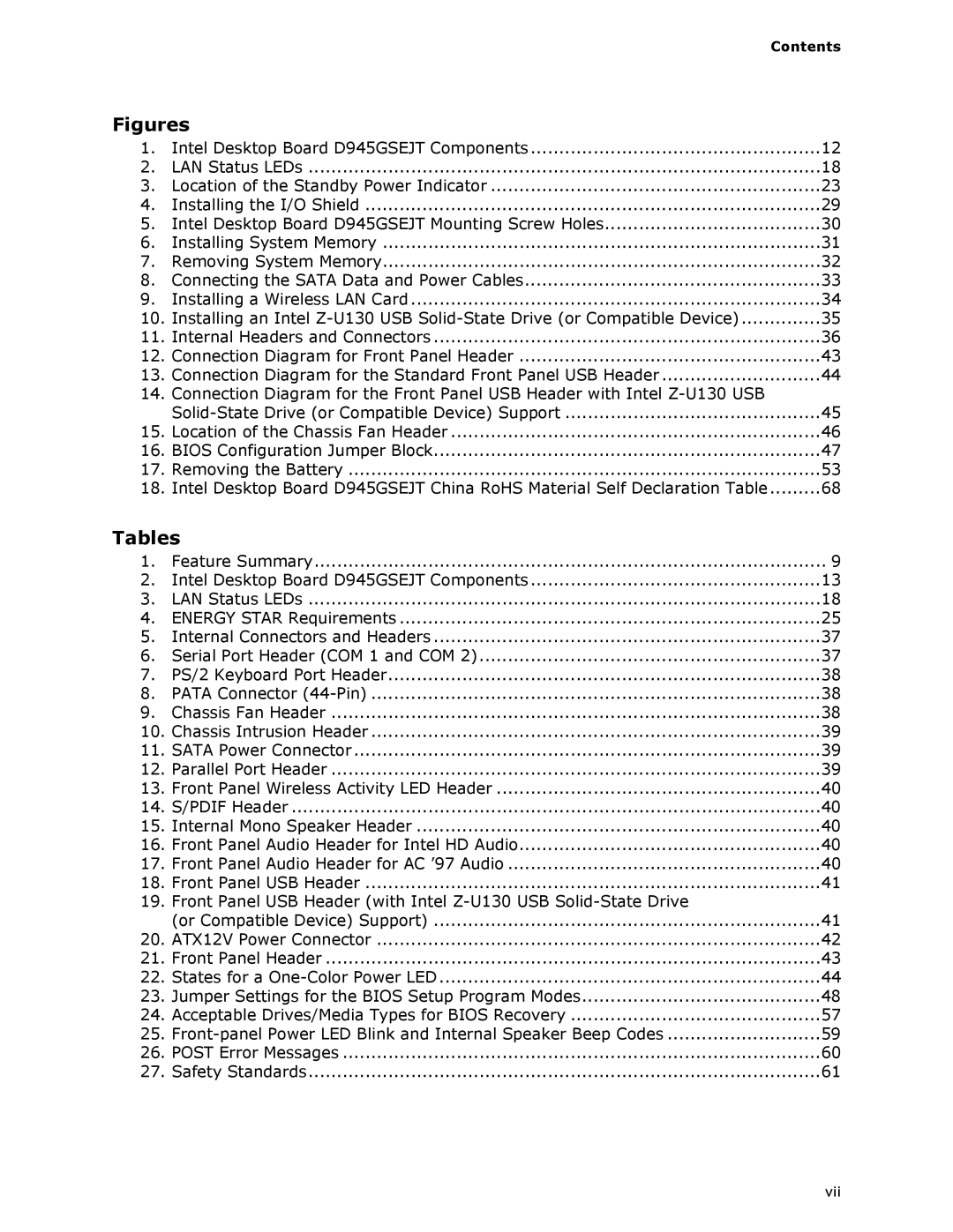 Intel D945GSEJT manual Tables, Contents 