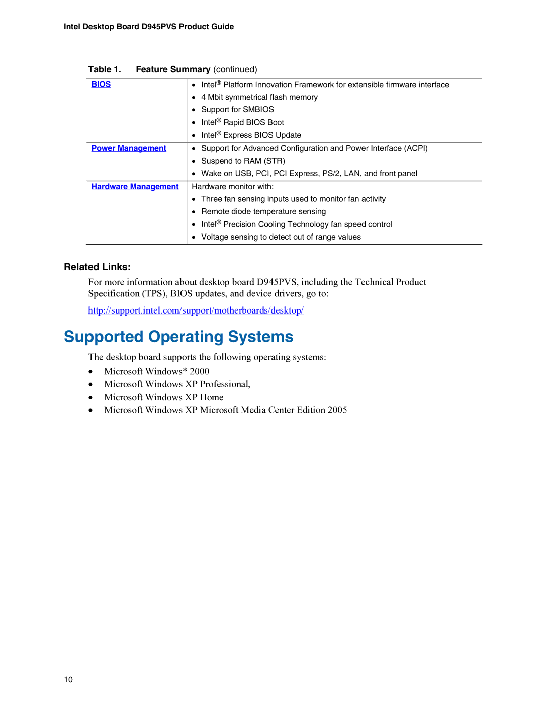 Intel D945PVS manual Supported Operating Systems, Bios 