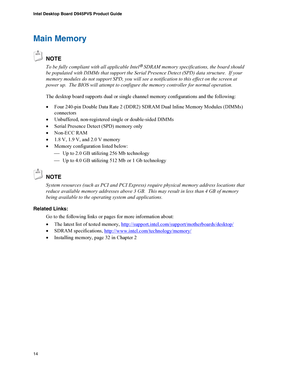 Intel D945PVS manual Main Memory 