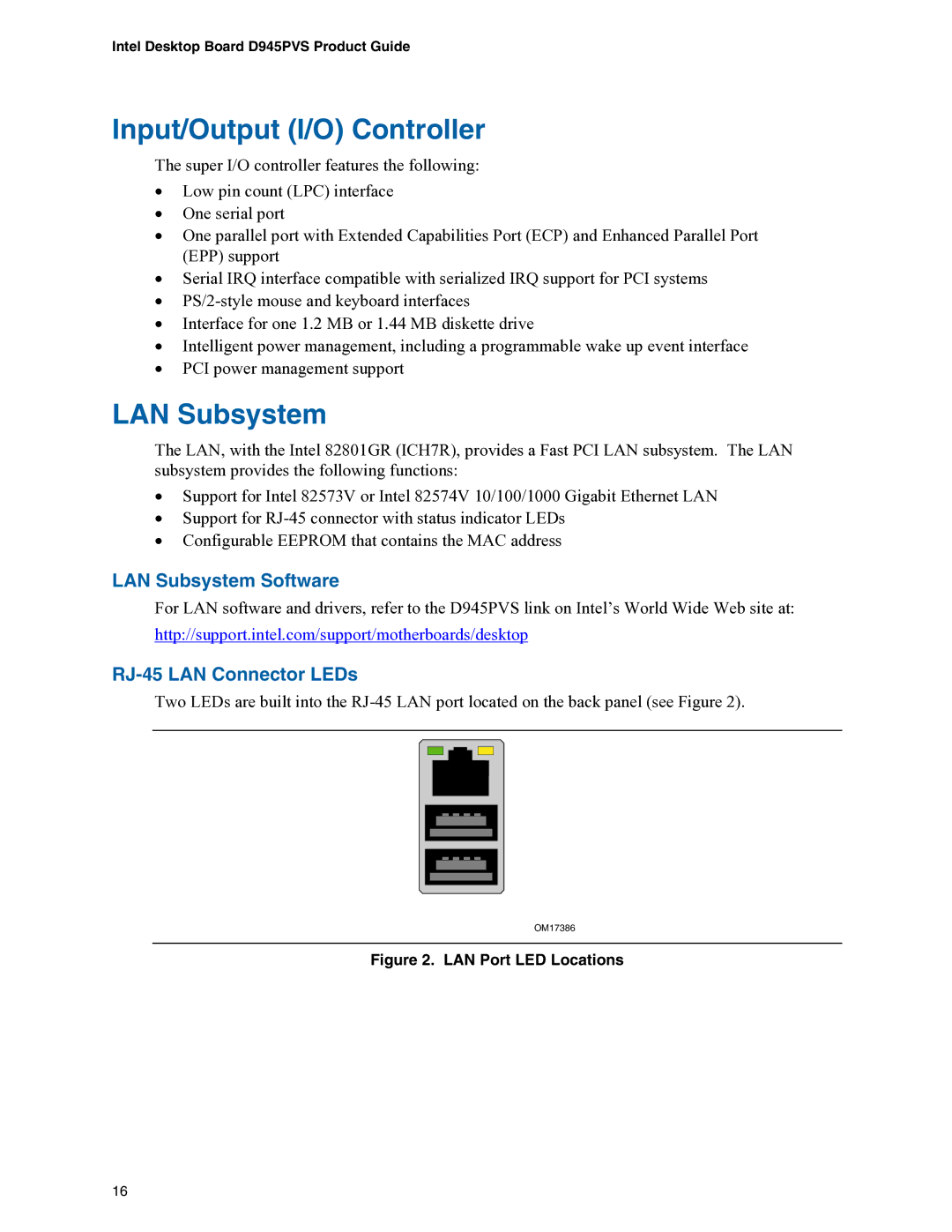 Intel D945PVS manual Input/Output I/O Controller, LAN Subsystem Software, RJ-45 LAN Connector LEDs 