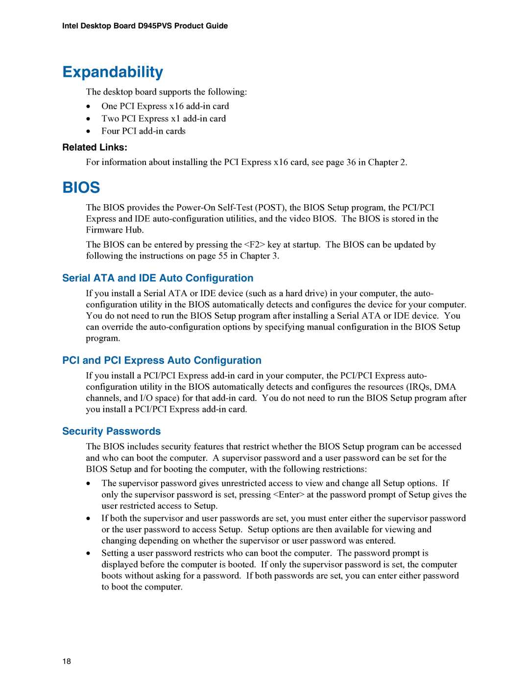 Intel D945PVS manual Expandability, Serial ATA and IDE Auto Configuration, PCI and PCI Express Auto Configuration 