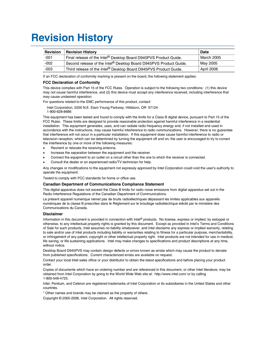 Intel D945PVS manual Revision Revision History Date, FCC Declaration of Conformity, Disclaimer 