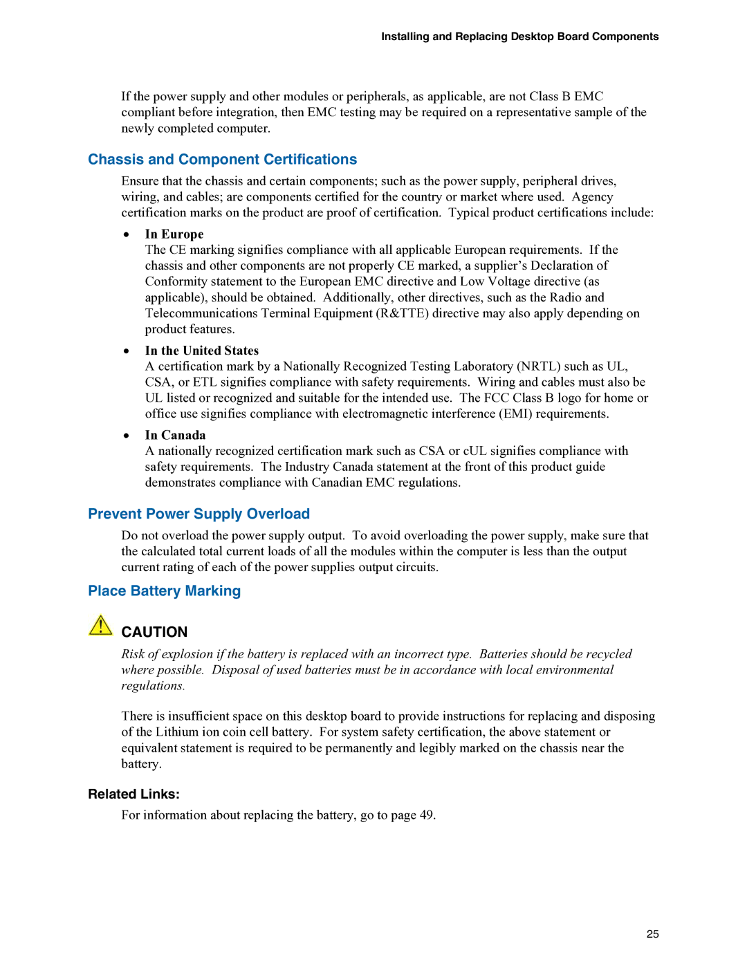 Intel D945PVS manual Chassis and Component Certifications, Prevent Power Supply Overload, Place Battery Marking 