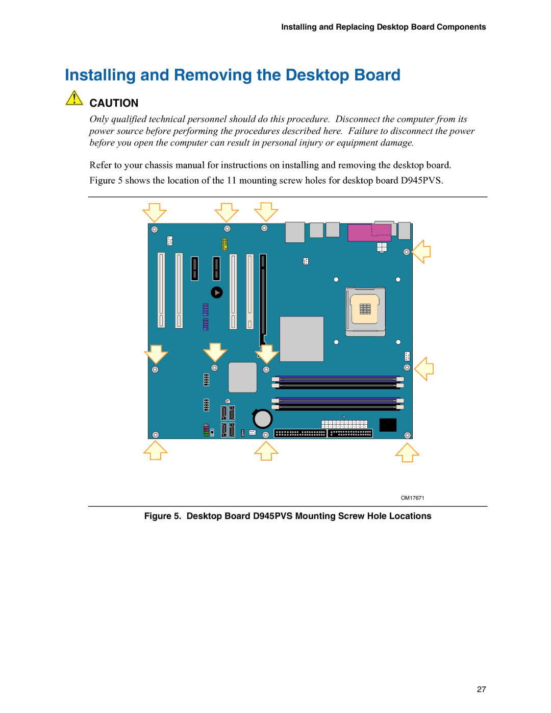 Intel manual Installing and Removing the Desktop Board, Desktop Board D945PVS Mounting Screw Hole Locations 