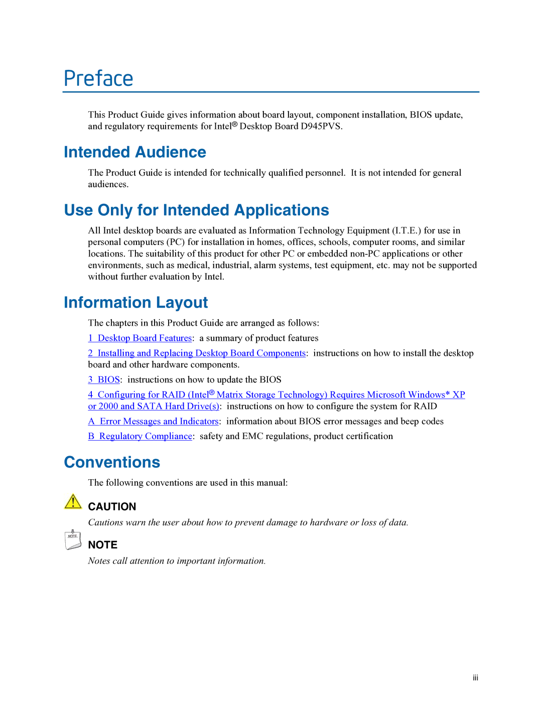 Intel D945PVS manual Intended Audience, Use Only for Intended Applications, Information Layout, Conventions 