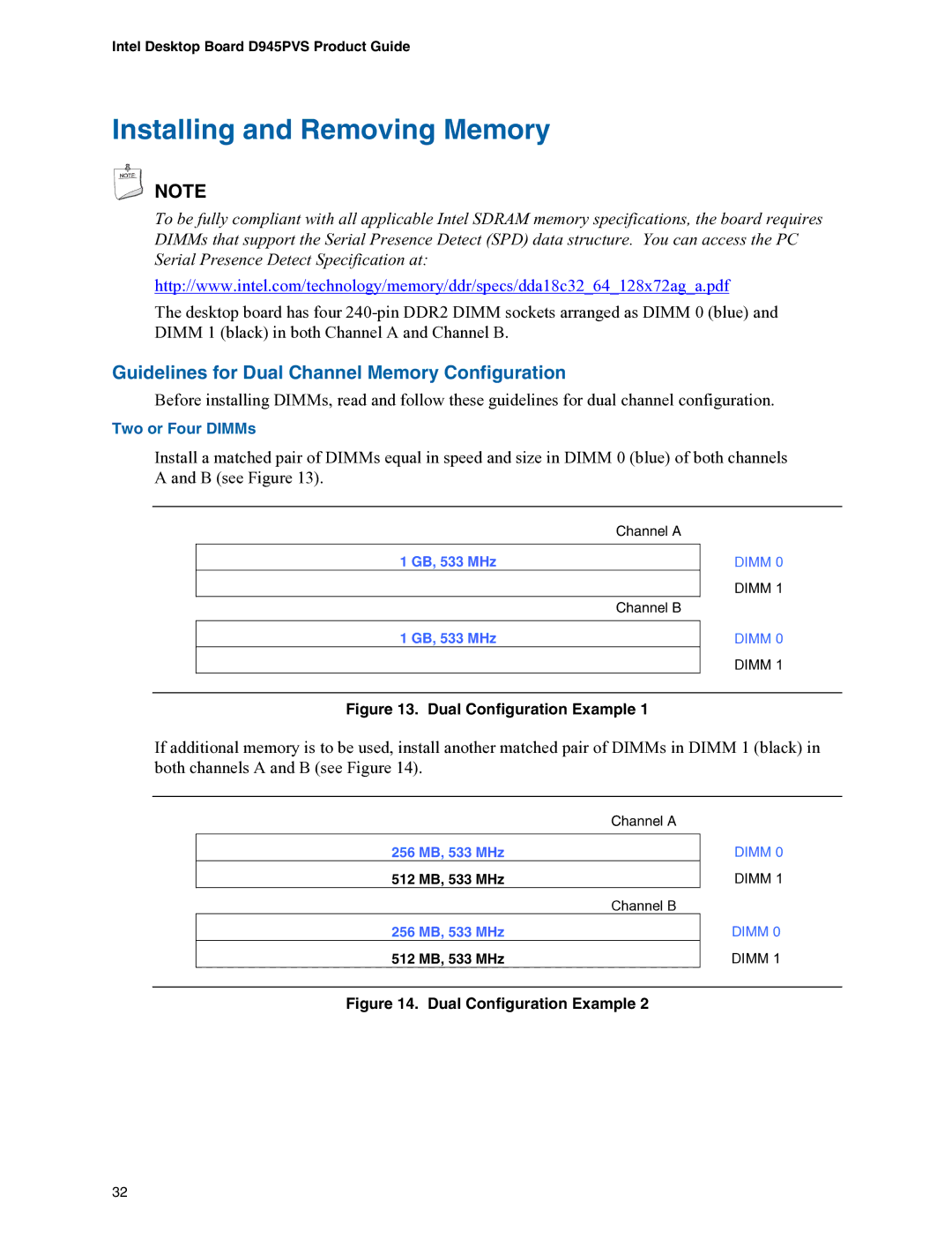 Intel D945PVS manual Installing and Removing Memory, Guidelines for Dual Channel Memory Configuration, 512 MB, 533 MHz 