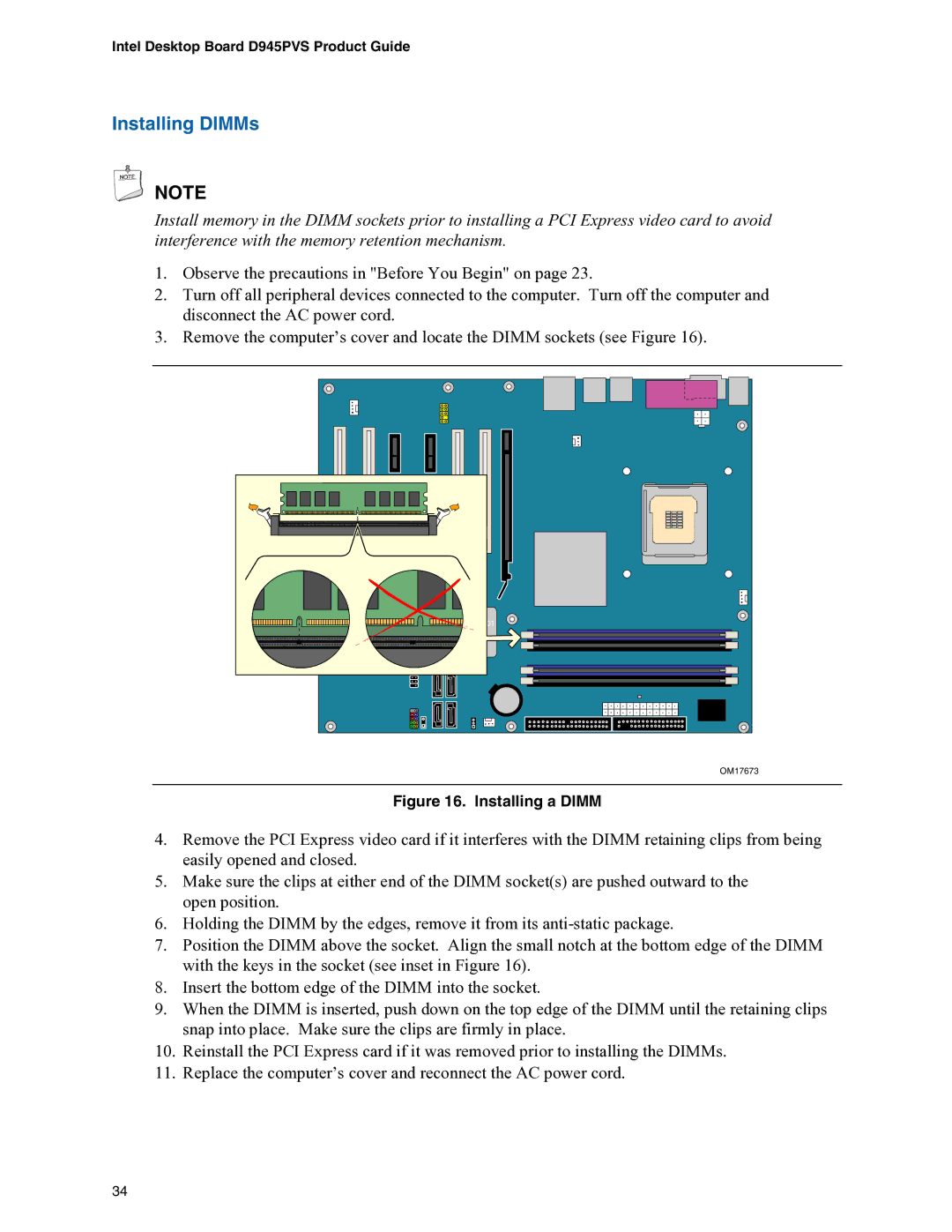 Intel D945PVS manual Installing DIMMs, Installing a Dimm 