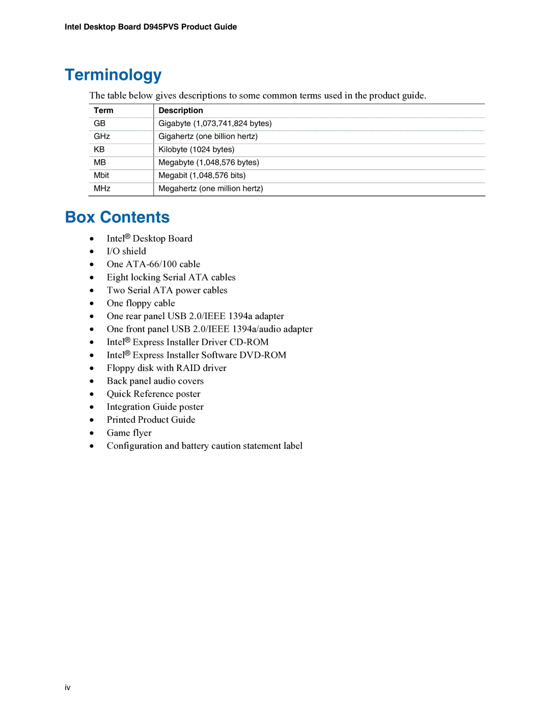 Intel D945PVS manual Terminology, Box Contents 